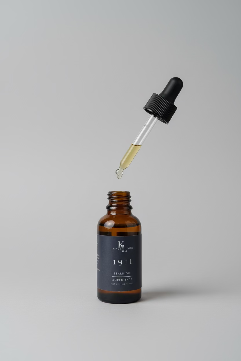 Bottle of 1911 amber rum beard oil with a dropper 