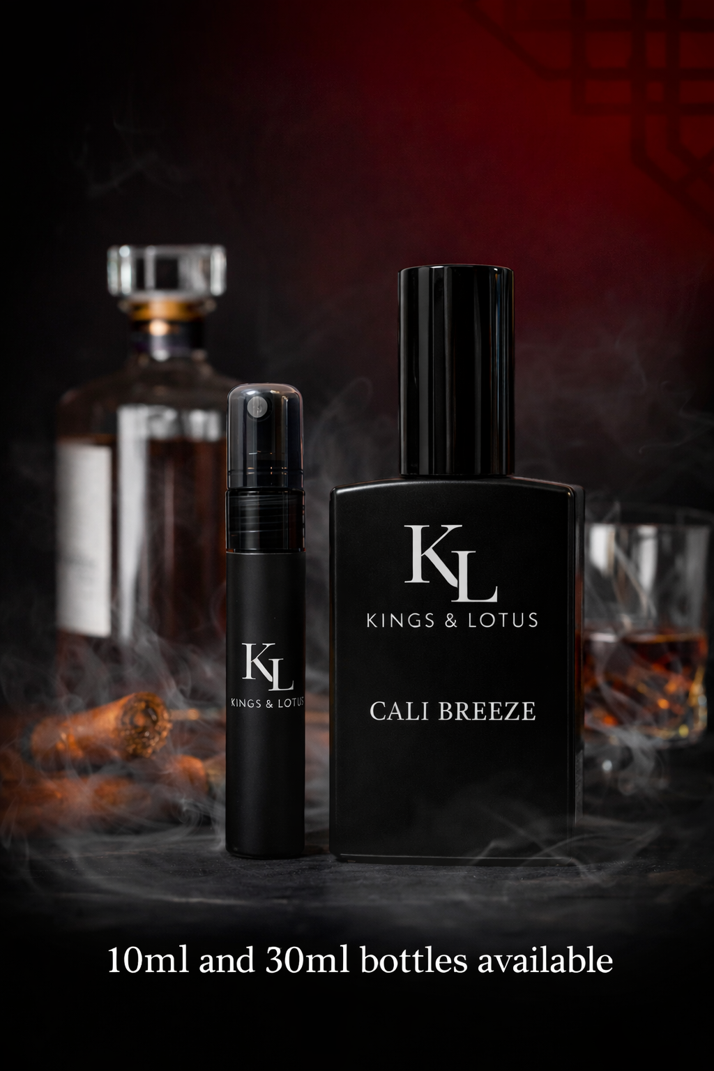 Two black bottles of Kings & Lotus Cali Breeze perfume with a dark background.