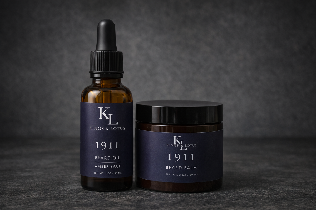 Kings & Lotus 1911 beard oil and balm on a dark background