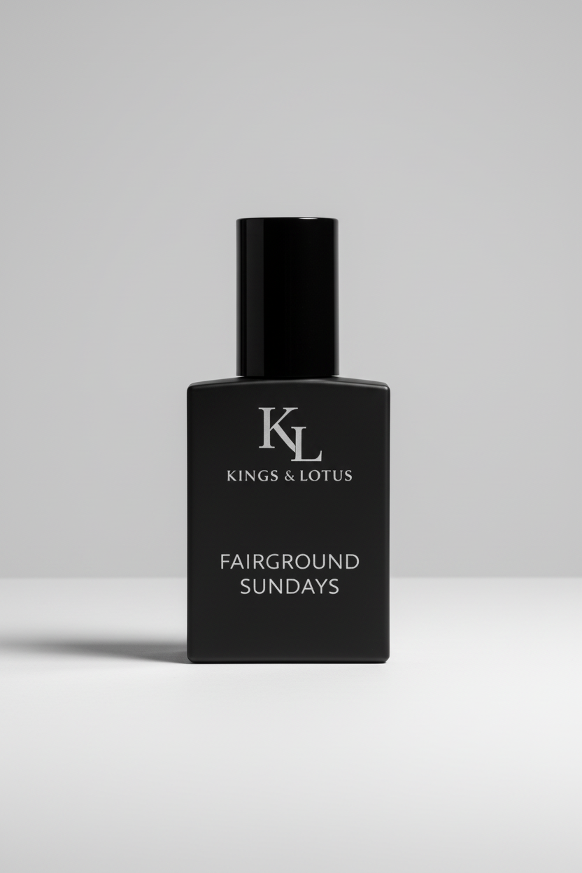 Five black perfume bottles with KL branding on a dark background