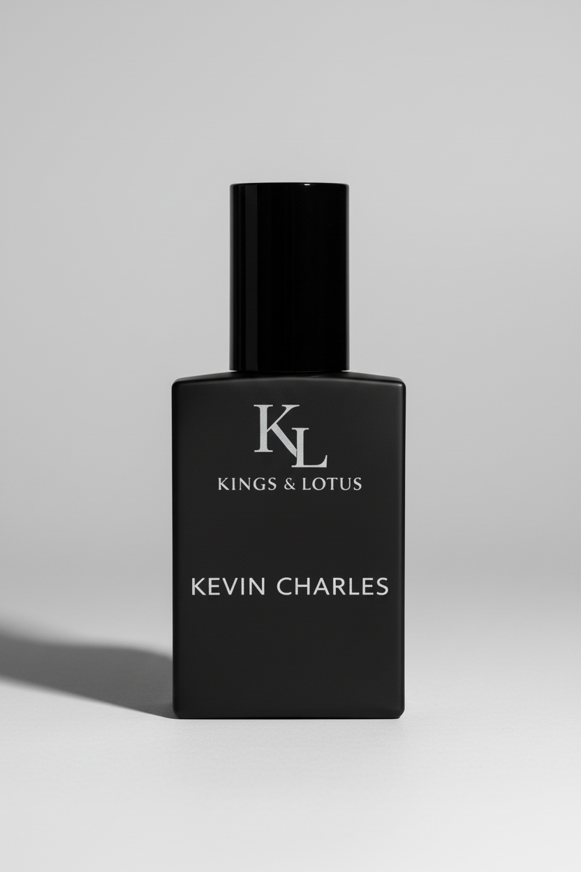 Black perfume bottle with KL branding on a dark background