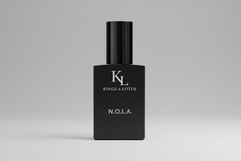 Black perfume bottle with KL branding on a dark background