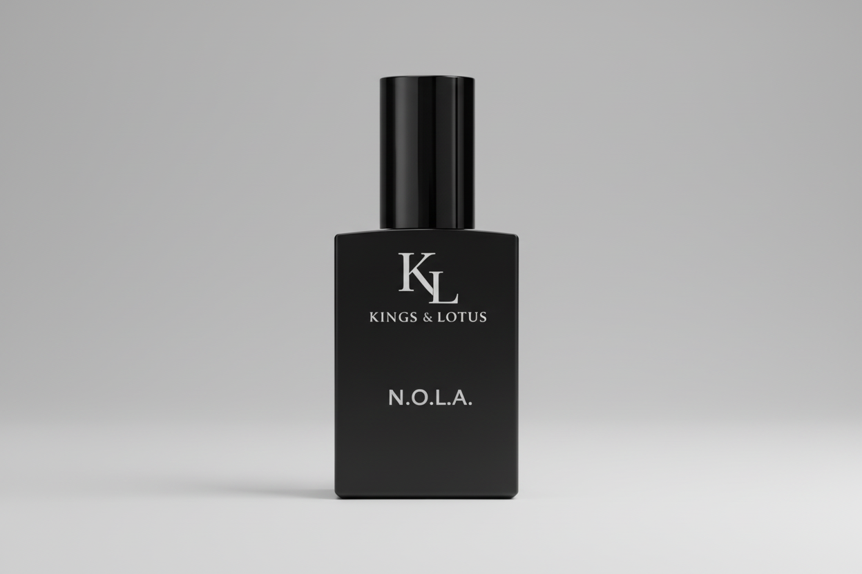 Black perfume bottle with KL branding on a dark background