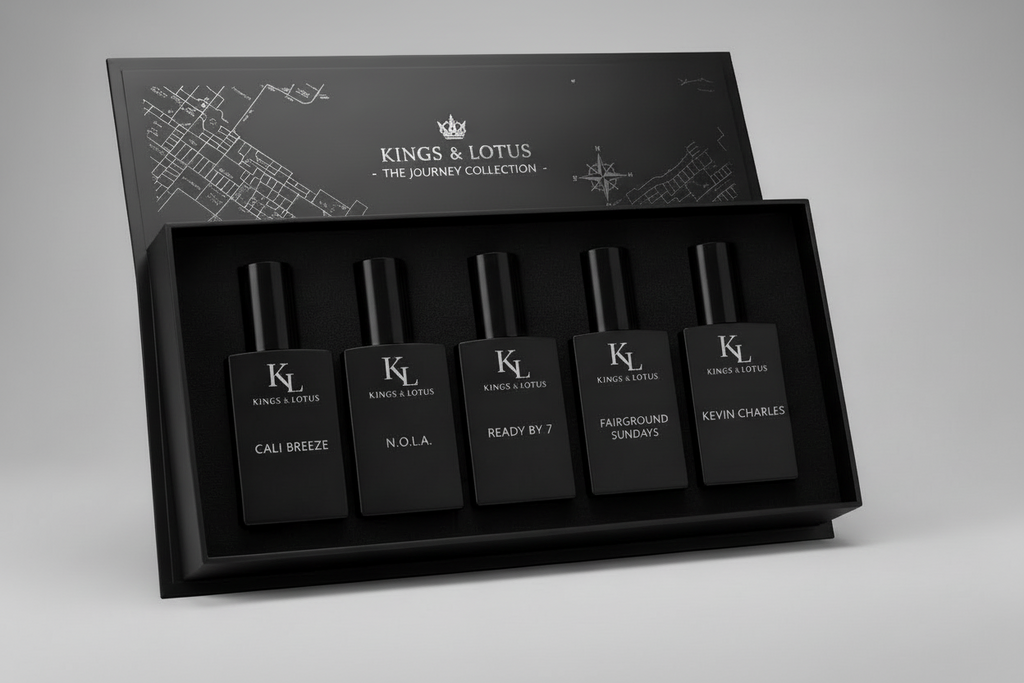 Five black perfume bottles with KL branding on a dark background