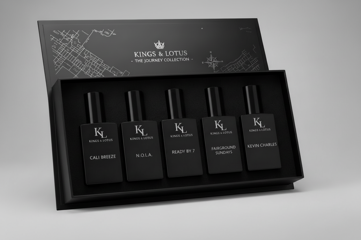Five black perfume bottles with KL branding on a dark background