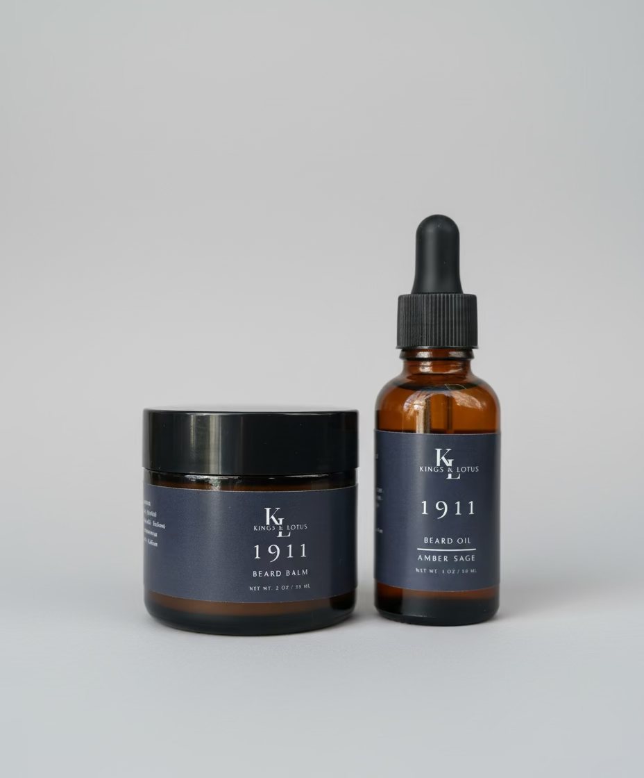 Two beard care products from King & Loeser on a wooden surface with a blurred background.